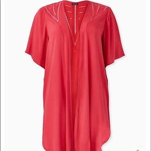 RED CRINKLED GAUZE CROCHET INSET LONGLINE KIMONO